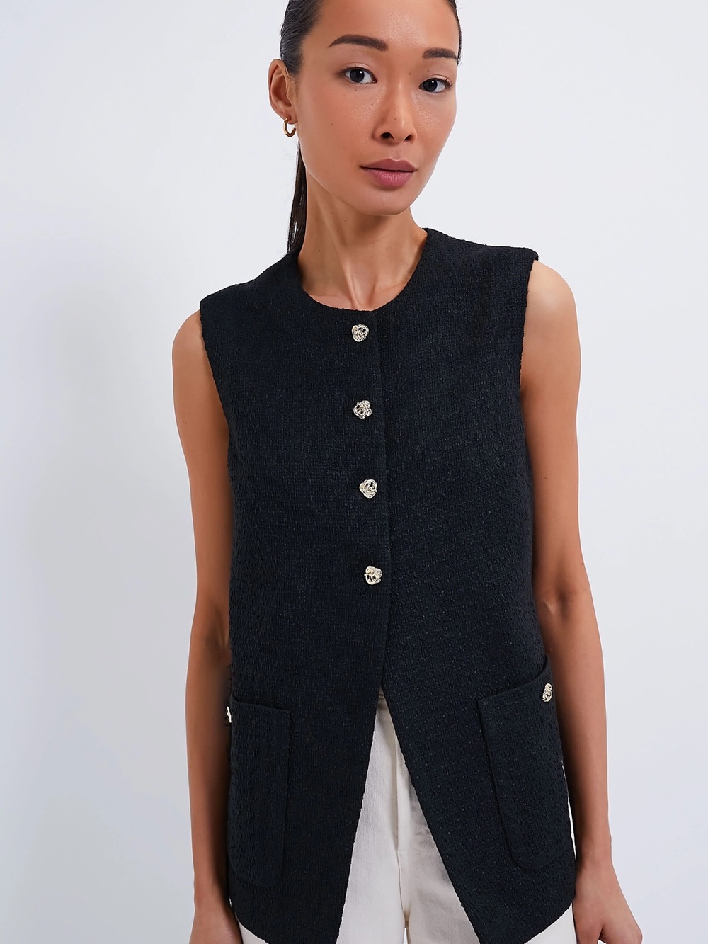 Tuckernuck Black Sleeveless Tweed Longline Sonja Vest Gold Buttons - US XXL